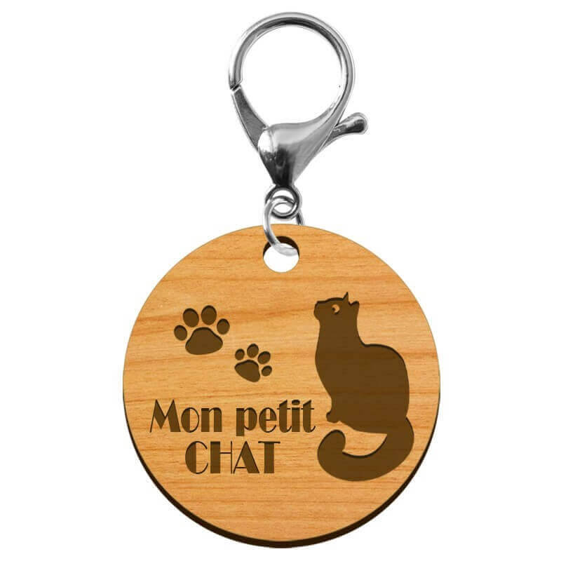 Porte-clé chat personnalisé artisanal en bois avec mousqueton argenté