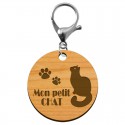 Porte-clé chat personnalisé artisanal en bois avec mousqueton argenté
