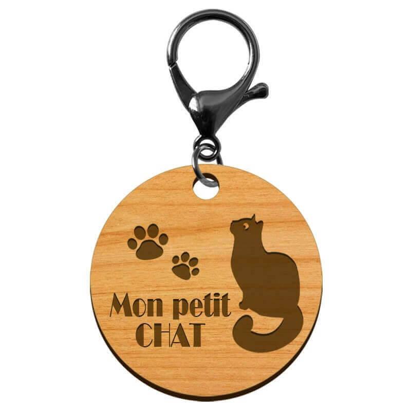 Porte clé chat personnalisé en bois gravé mon petit chat mousqueton noir