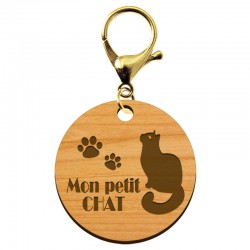 Porte-clé personnalisable en bois chat de taille 45 mm avec mousqueton de couleur or