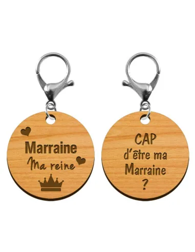 Deux faces du porte clé Marraine avec mousqueton de couleur argent