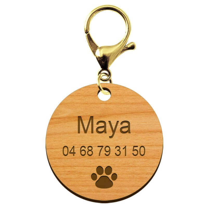 Médaille pour animal de compagnie en bois personnalisé mousqueton doré