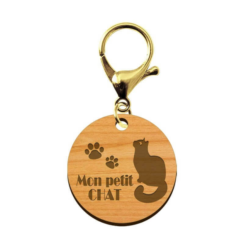 Médaille pour chat en bois à personnaliser 30 mm avec mousqueton doré