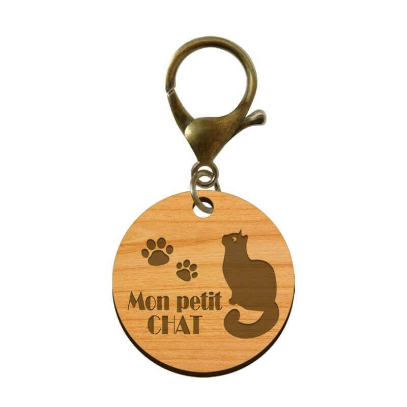 Médaille pour chat en bois à personnaliser 30 mm avec mousqueton vieil or gravé Mon petit CHAT