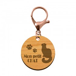 Médaille pour chat en bois à personnaliser 30 mm avec mousqueton rose métallisé