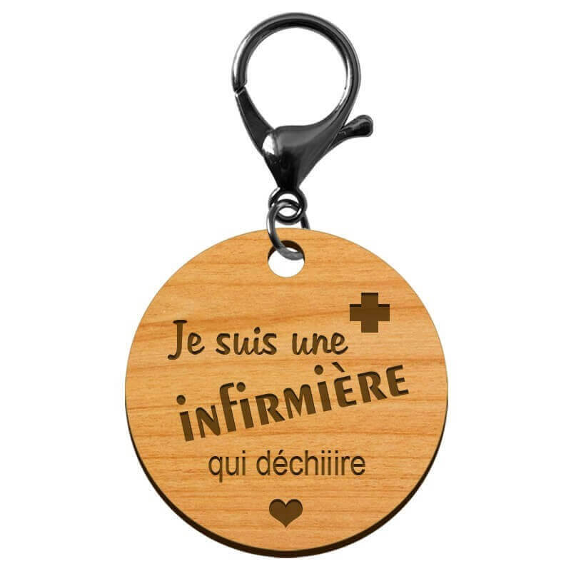 Porte clés infirmière en bois mousqueton noir personnalisable 