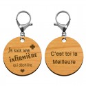 Porte-clé infirmière personnalisé en bois gravé mousqueton argenté