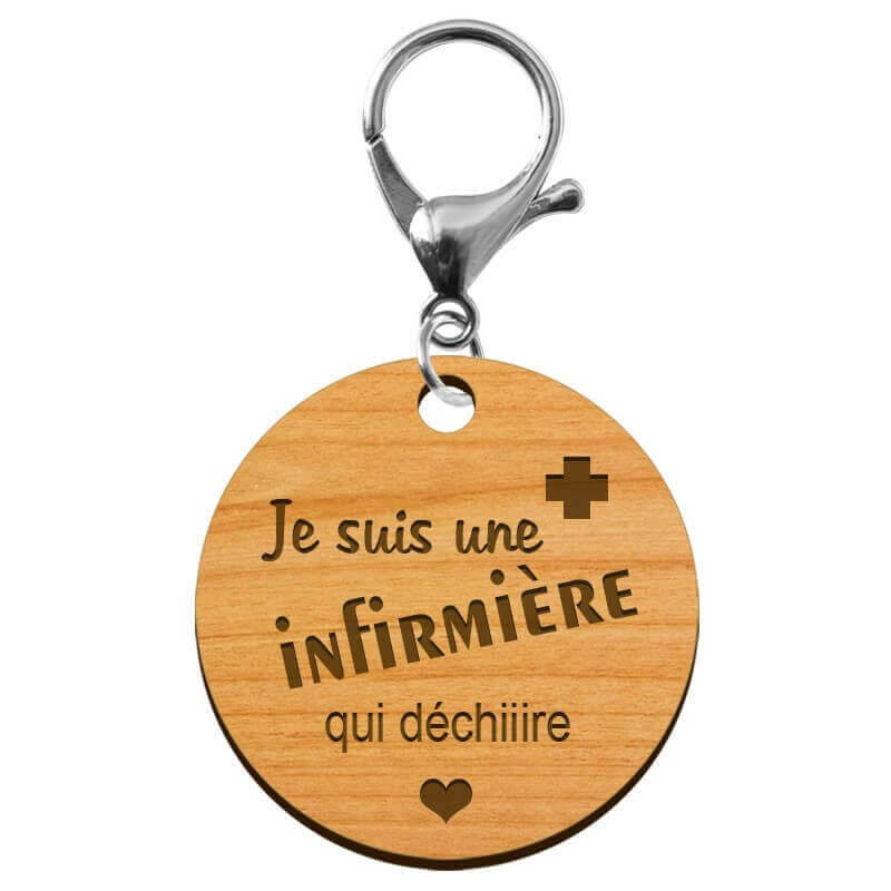 Porte clefs infirmière personnalisé en bois mousqueton argenté
