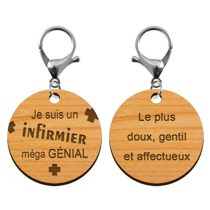 Porte-clé infirmier personnalisé bois gravé mousqueton argenté