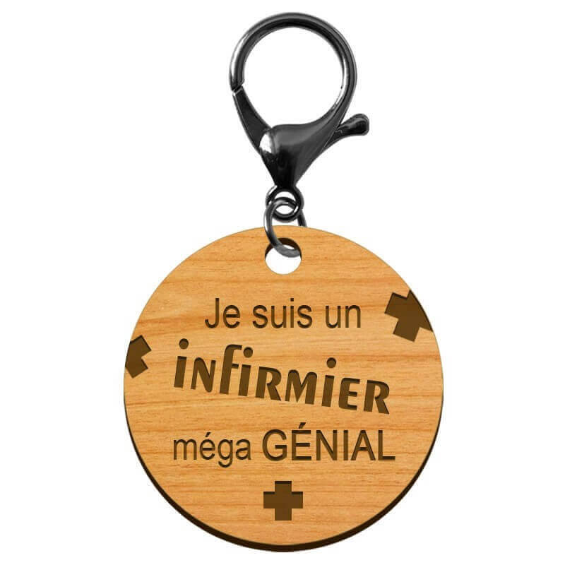 Porte-clef infirmier personnalisable en bois mousqueton noir