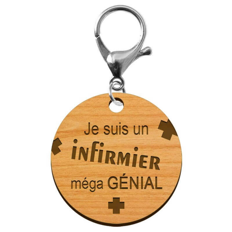 Porte clefs infirmier personnalisé en bois mousqueton argenté
