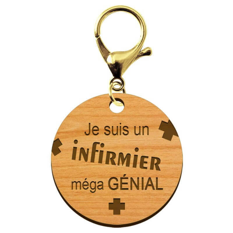 Porte-clé personnalisé infirmier méga génial en bois mousqueton doré
