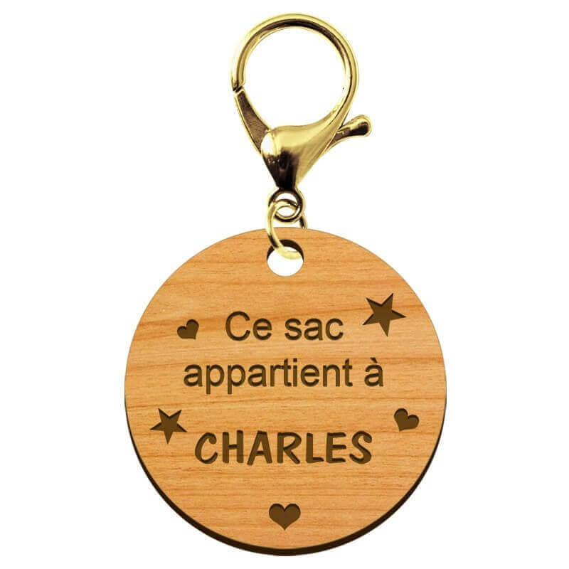 Porte-clé scolaire "Ce sac appartient à..." en bois à personnaliser mousqueton doré