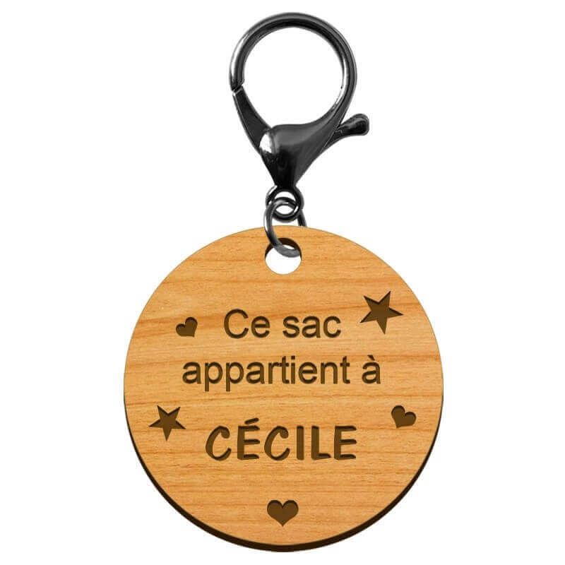 Porte-clé scolaire "Ce sac appartient à..." en bois à personnaliser mousqueton noir
