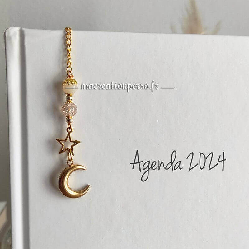 Marque page métal plume doré breloque perle lune étoile