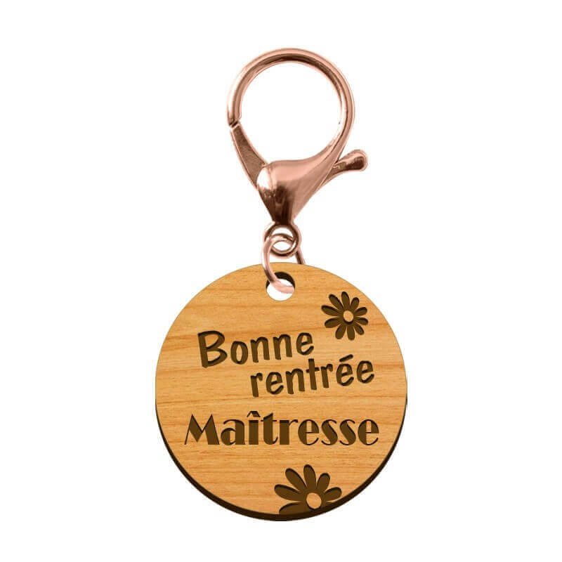 Porte-clé Maître "Bonne Rentrée Maître" en bois - 30 mm mousqueton rose