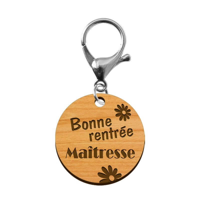 Porte-clé Maîtresse Bonne Rentrée en bois - 30 mm mousqueton argenté