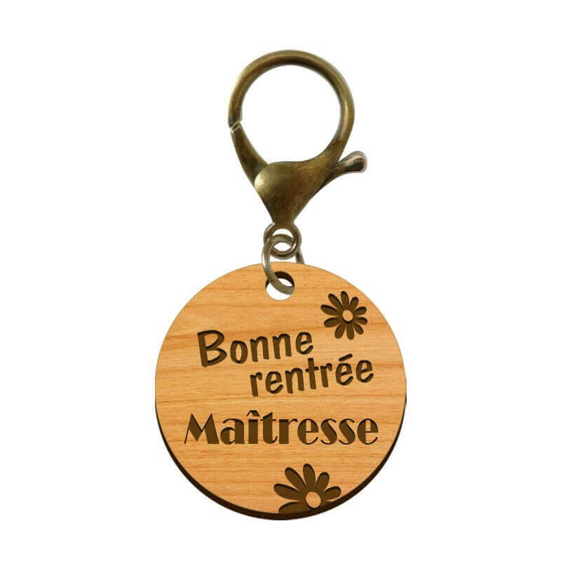 Porte-clé Bonne Rentrée Maïtresse en bois - 30 mm mousqueton bronze