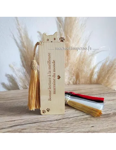 Marque page forme chat bois personnalisé avec pompom couleur