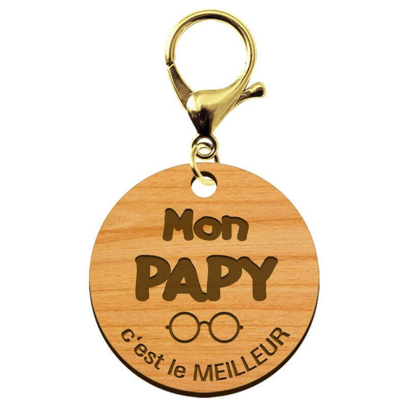 Porte-clé cadeau PAPY personnalisable en bois "Mon PAPY c'est le meilleur" mousqueton doré