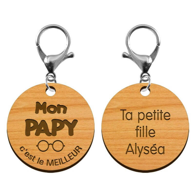 Recto verso porte-clé cadeau PAPY personnalisable en bois "Mon PAPY c'est le meilleur"