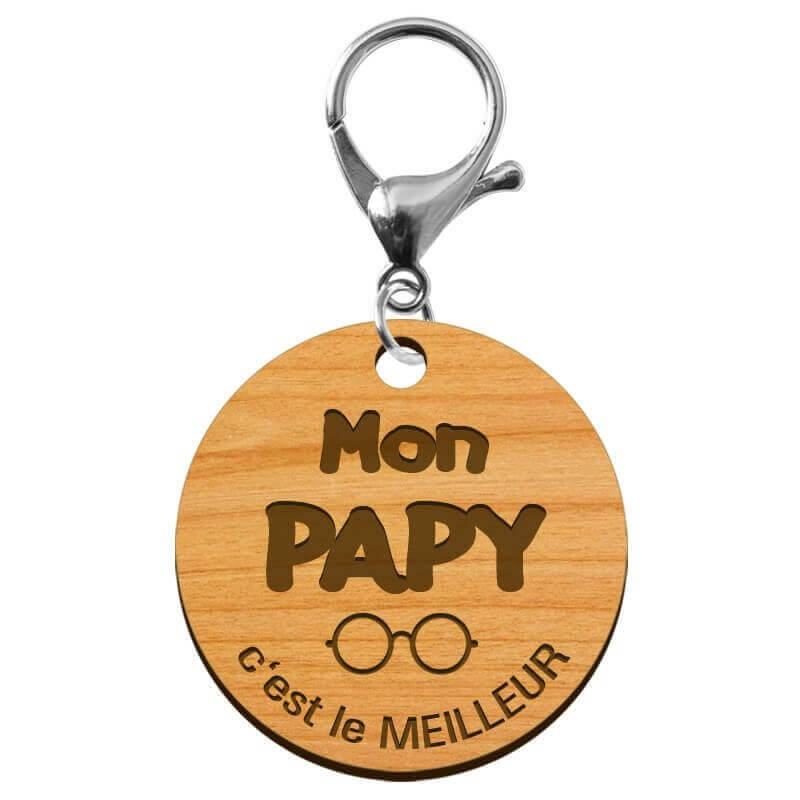 Porte-clé cadeau PAPY personnalisable en bois "Mon PAPY c'est le meilleur" mousqueton argenté