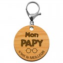 Porte-clé cadeau PAPY personnalisable en bois "Mon PAPY c'est le meilleur" mousqueton argenté