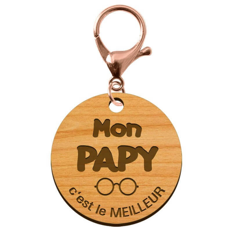 Porte-clé cadeau PAPY personnalisable en bois "Mon PAPY c'est le meilleur" mousqueton rose
