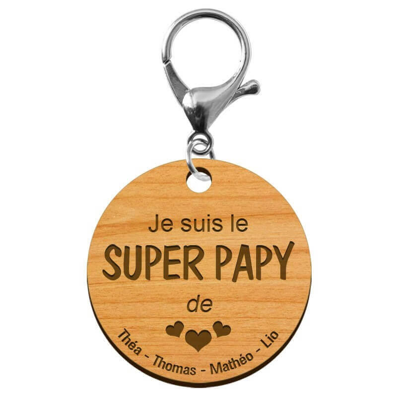 Porte-clé Super PAPY personnalisé en bois "Je suis le SUPER PAPY de..." mousqueton argenté