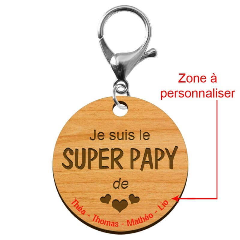 Zone à personnaliser du porte-clé Super PAPY personnalisé en bois "Je suis le SUPER PAPY de..."