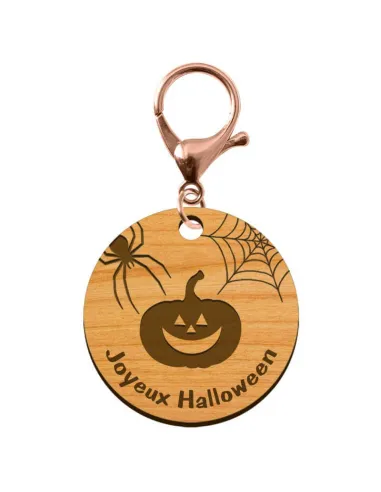 Porte-clé Halloween personnalisé en bois "Joyeux Halloween" mousqueton rose