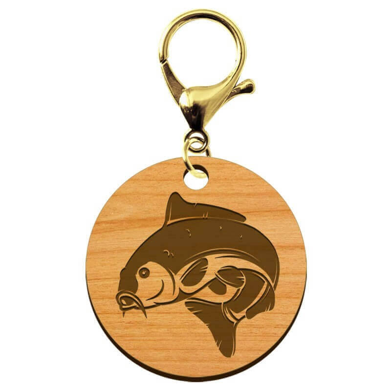 Porte-clé personnalisable en bois pêche carpe poisson mousqueton or
