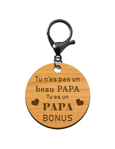 Porte-clé en bois motif Papa bonus diamètre 45 mm avec mousqueton noir