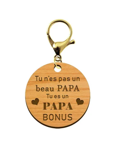 Porte-clé personnalisable en bois Papa bonus de taille 45 mm avec mousqueton de couleur or