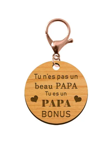 Porte-cléf personnalisé Papa bonus rond en bois 45 mm avec un mousqueton de couleur rose métallique