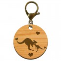 Porte-clés kangourou gravé rond en bois mousqueton bronze personnalisé