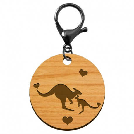 Porte-clé en bois motif kangourou diamètre 45 mm avec mousqueton noir