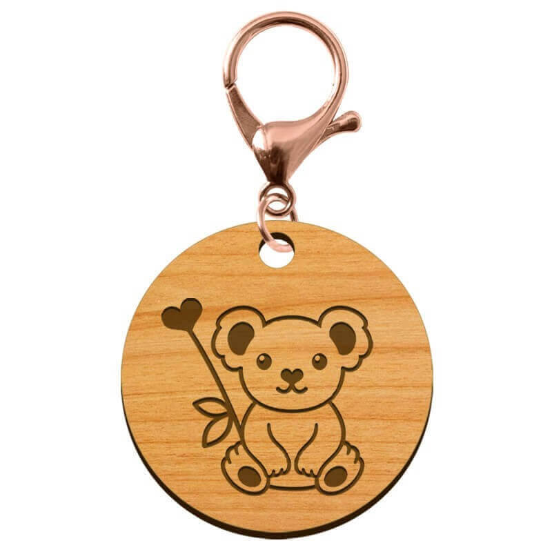 Porte-clef koala personnalisé rond en bois 45 mm mousqueton rose métallique