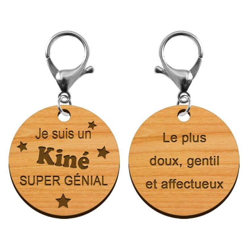 Recto verso porte-clé Kiné personnalisé en bois  "Je suis un Kiné super génial" 