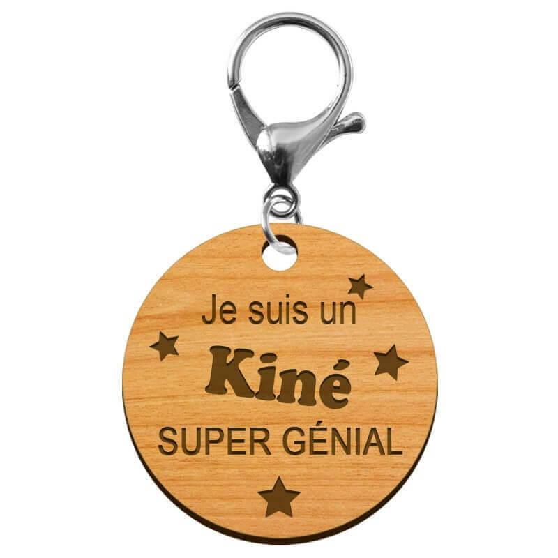 Porte-clé Kiné personnalisé en bois  "Je suis un Kiné super génial" - ma creation perso avec mousqueton argent