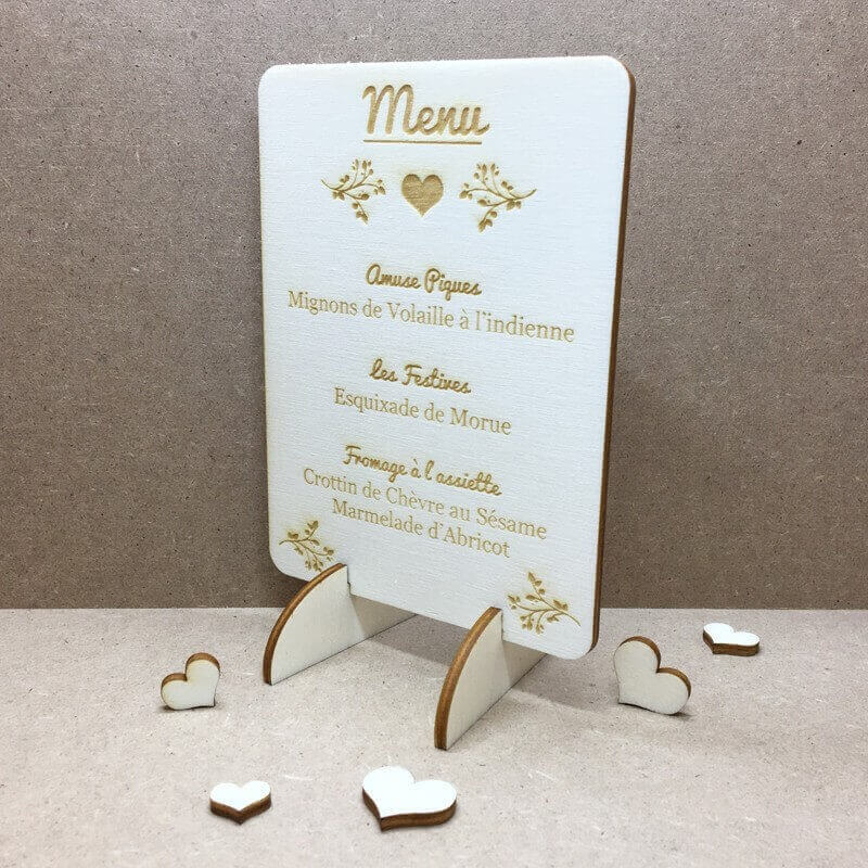 Carte menu mariage en bois gravé made in France