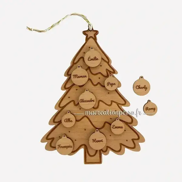 Déco noël personnalisé famille en forme de sapin avec boules prénoms