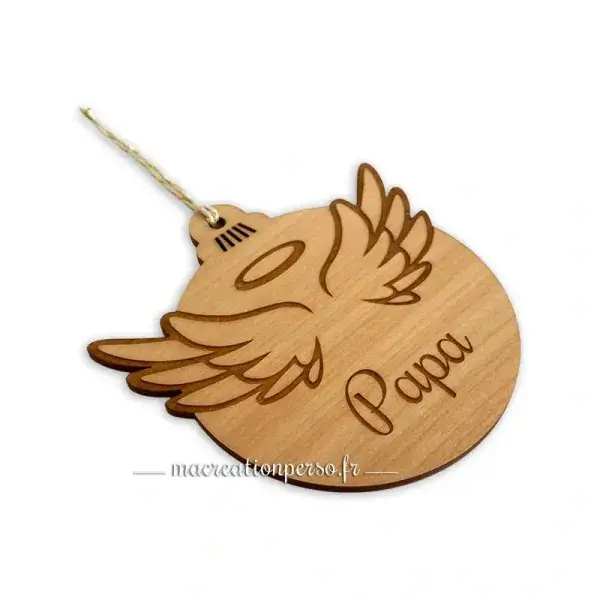 Boule de Noël ange en bois avec ailes déployées et auréole