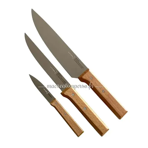 Coffret Trio Parallèle Opinel avec couteau de chef n°118, couteau à découper n°120 et couteau d’office n°126.