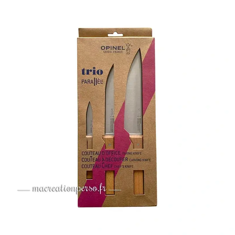 Coffret Trio Parallèle Opinel réunissant trois couteaux indispensables pour la cuisine du quotidien.