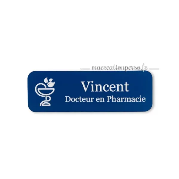Badge docteur en pharmacie personnalisé avec prénom, badge professionnel pour identification en officine