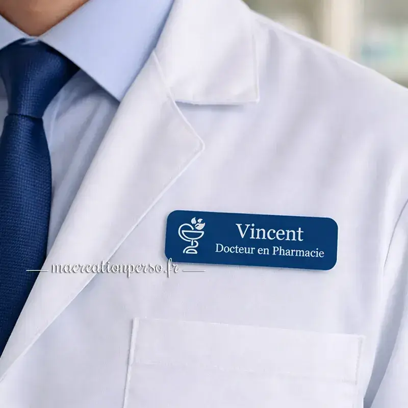 Badge docteur en pharmacie personnalisé avec prénom porté sur blouse, usage en pharmacie