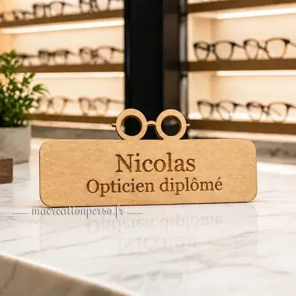 Badge opticien diplômé personnalisé en bois gravé, idéal pour magasin d’optique professionnel