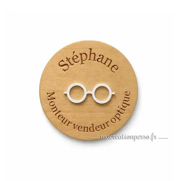 Badge monteur vendeur optique personnalisé en bois