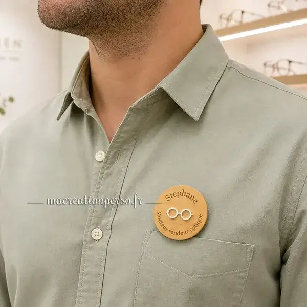Badge monteur vendeur optique porté en situation en magasin